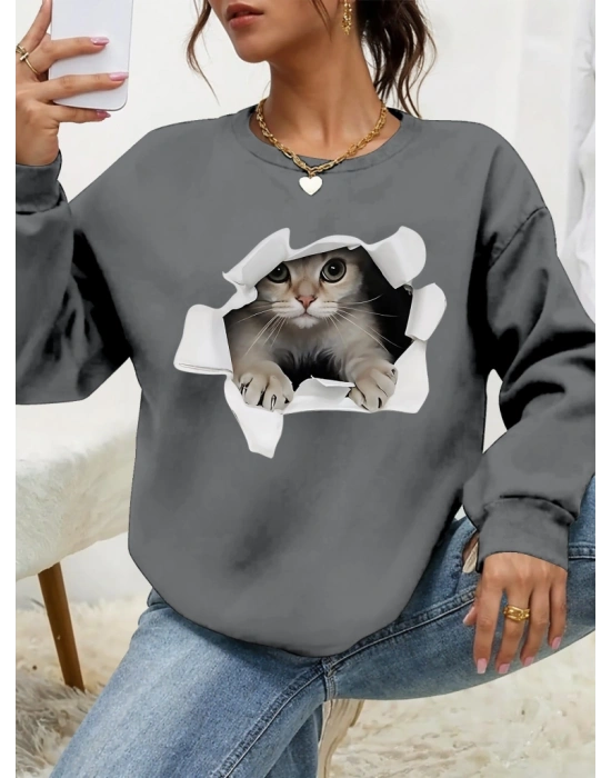 Kadın Uzun Kollu Bisiklet Yaka Kedi Desenli Viskon Iki Iplik Bluz