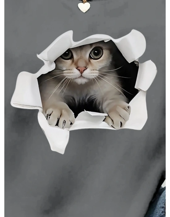 Kadın Uzun Kollu Bisiklet Yaka Kedi Desenli Viskon Iki Iplik Bluz