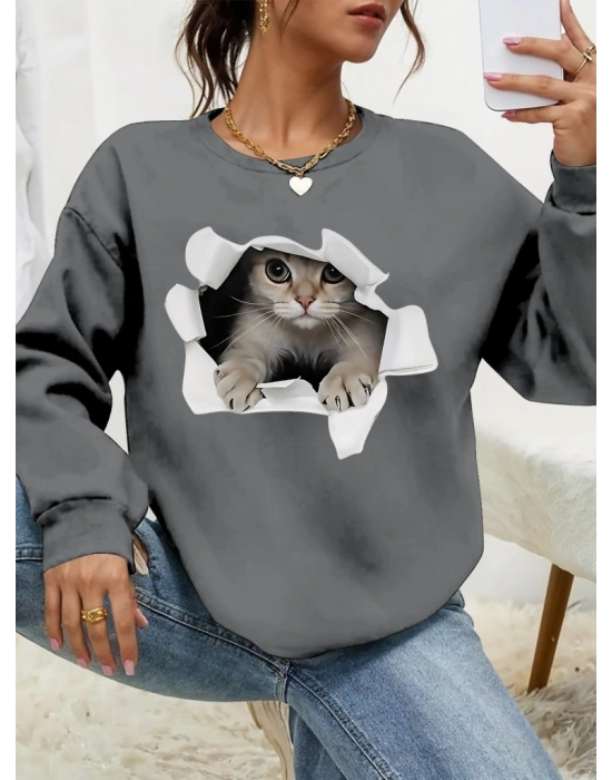 Kadın Uzun Kollu Bisiklet Yaka Kedi Desenli Viskon Iki Iplik Bluz
