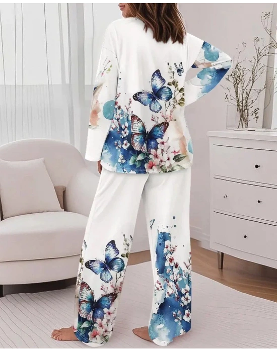 Kadın Uzun Kollu Bisiklet Yaka Kelebek Desenli Iki Iplik Alt üst Takım