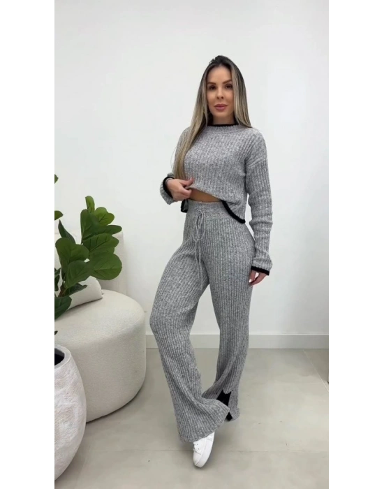 Kadın Uzun Kollu Bisiklet Yaka Kısa Trıko Bluz Ve Pantolon Ikili Takım