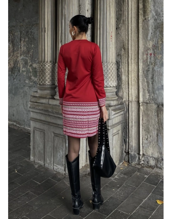 Kadın Uzun Kollu Bisiklet Yaka Kol Ağzı Ve Etek Ucu Baskılı Iki Iplik Elbise