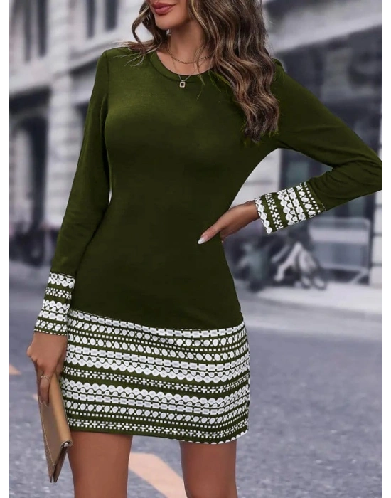 Kadın Uzun Kollu Bisiklet Yaka Kol Ağzı Ve Etek Ucu Baskılı Iki Iplik Elbise