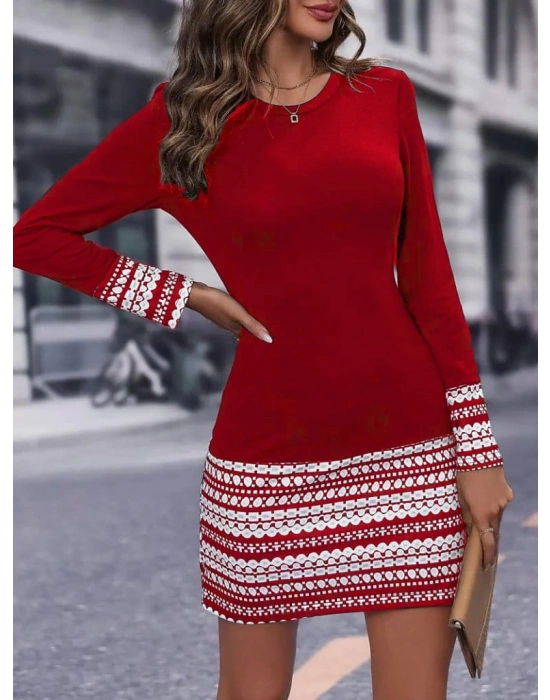 Kadın Uzun Kollu Bisiklet Yaka Kol Ağzı Ve Etek Ucu Baskılı Iki Iplik Elbise