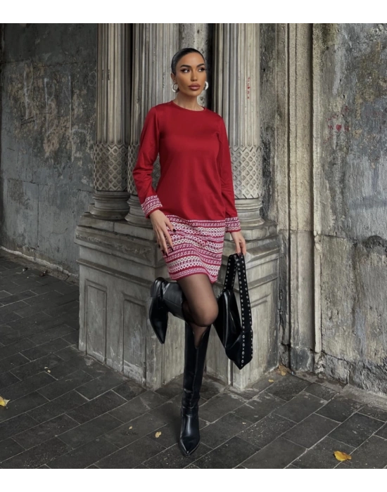 Kadın Uzun Kollu Bisiklet Yaka Kol Ağzı Ve Etek Ucu Baskılı Iki Iplik Elbise