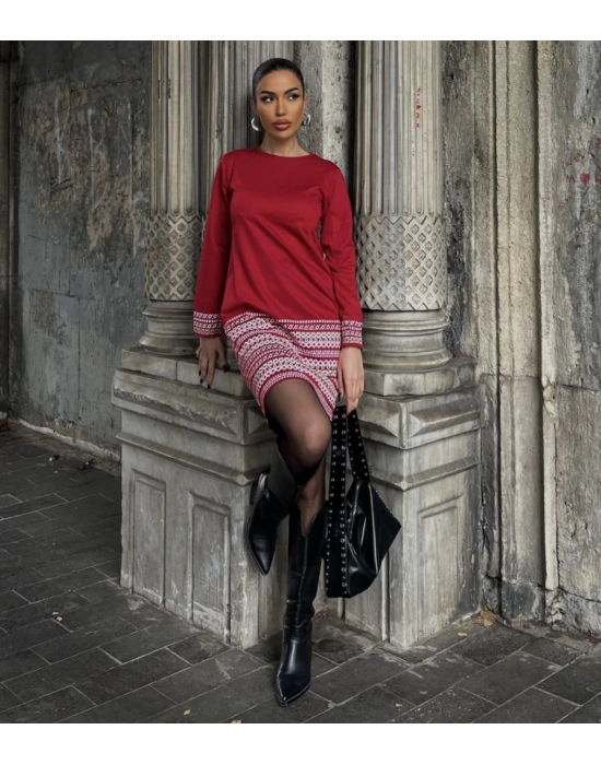 Kadın Uzun Kollu Bisiklet Yaka Kol Ağzı Ve Etek Ucu Baskılı Iki Iplik Elbise