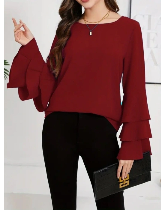 Kadın Uzun Kollu Bisiklet Yaka Kollar İspanyol Volanlı Sandy Bluz