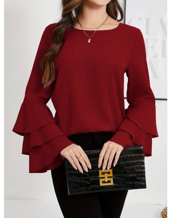 Kadın Uzun Kollu Bisiklet Yaka Kollar İspanyol Volanlı Sandy Bluz