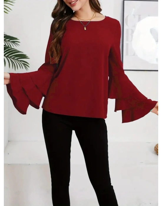 Kadın Uzun Kollu Bisiklet Yaka Kollar İspanyol Volanlı Sandy Bluz