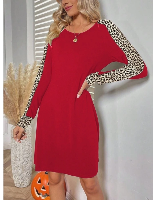 Kadın Uzun Kollu Bisiklet Yaka Kollar Leopar Detay Iki Iplik Mini Boy Elbise