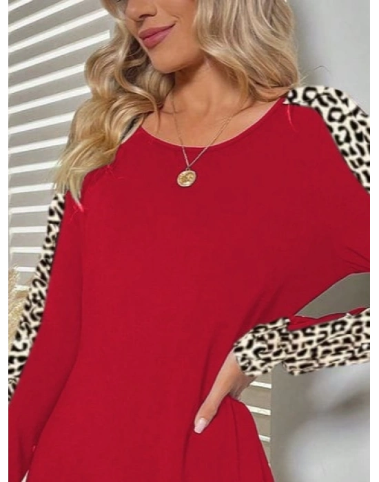 Kadın Uzun Kollu Bisiklet Yaka Kollar Leopar Detay Iki Iplik Mini Boy Elbise