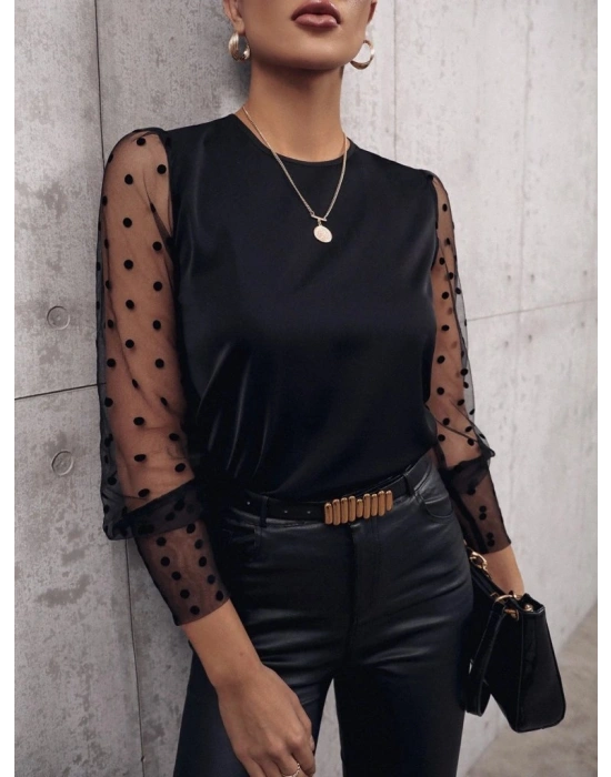Kadın Uzun Kollu Bisiklet Yaka Kollar Puantiyeli Tül Detaylı Sandy Bluz
