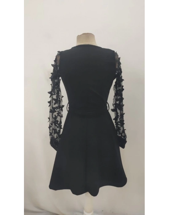 Kadın Uzun Kollu Bisiklet Yaka Kollar Tül Kelebek Detaylı Ithal Krep Elbise