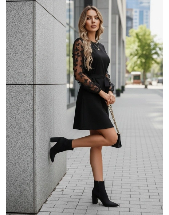 Kadın Uzun Kollu Bisiklet Yaka Kollar Tül Kelebek Detaylı Ithal Krep Elbise