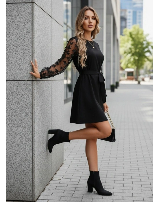 Kadın Uzun Kollu Bisiklet Yaka Kollar Tül Kelebek Detaylı Ithal Krep Elbise