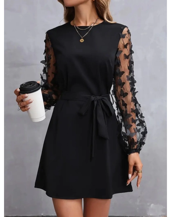 Kadın Uzun Kollu Bisiklet Yaka Kollar Tül Kelebek Detaylı Ithal Krep Elbise