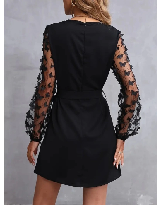 Kadın Uzun Kollu Bisiklet Yaka Kollar Tül Kelebek Detaylı Ithal Krep Elbise