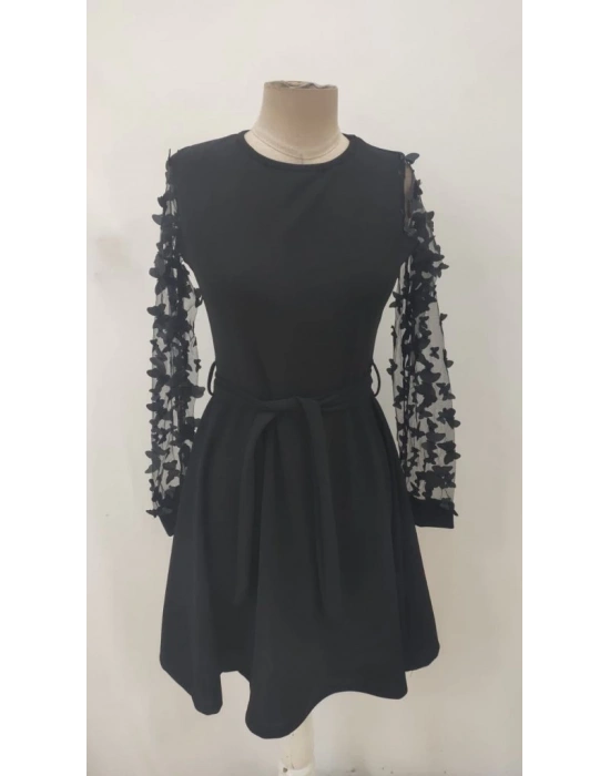 Kadın Uzun Kollu Bisiklet Yaka Kollar Tül Kelebek Detaylı Ithal Krep Elbise