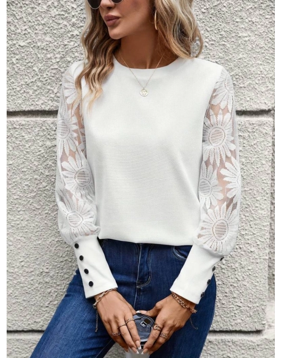 Kadın Uzun Kollu Bisiklet Yaka Kolları çiçekli Waffle Bluz