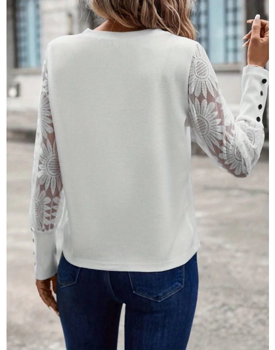 Kadın Uzun Kollu Bisiklet Yaka Kolları çiçekli Waffle Bluz
