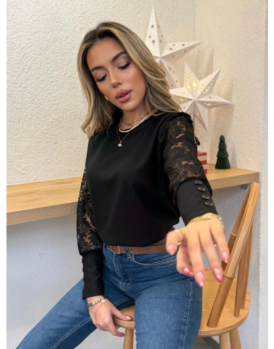 Kadın Uzun Kollu Bisiklet Yaka Kolları çiçekli Waffle Bluz