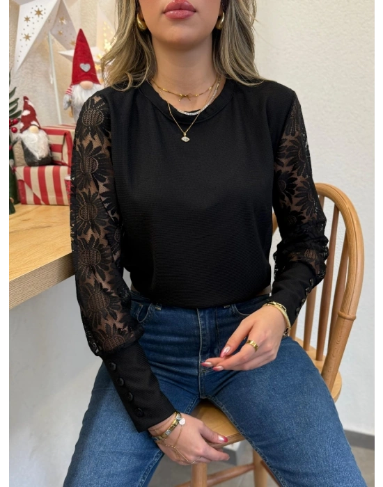 Kadın Uzun Kollu Bisiklet Yaka Kolları çiçekli Waffle Bluz