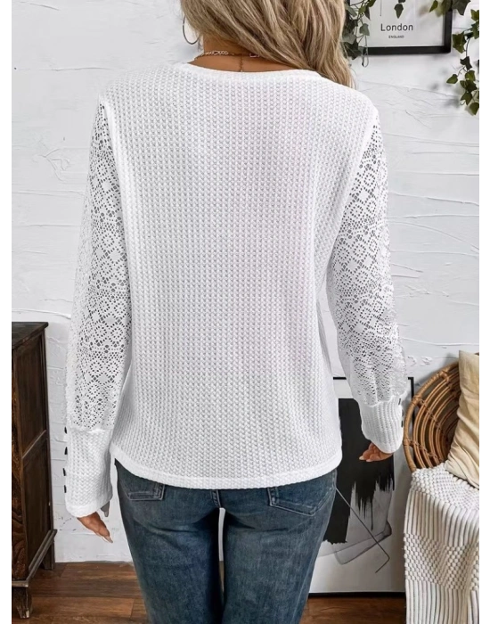 Kadın Uzun Kollu Bisiklet Yaka Kolları Tüllü Waffle Bluz