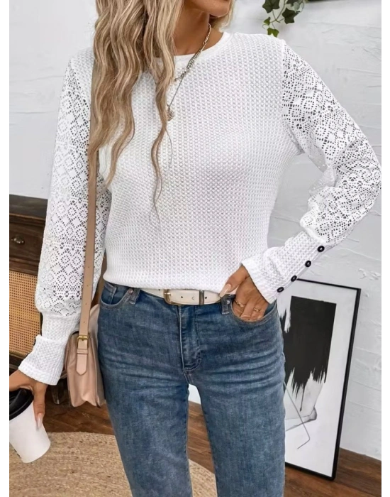 Kadın Uzun Kollu Bisiklet Yaka Kolları Tüllü Waffle Bluz