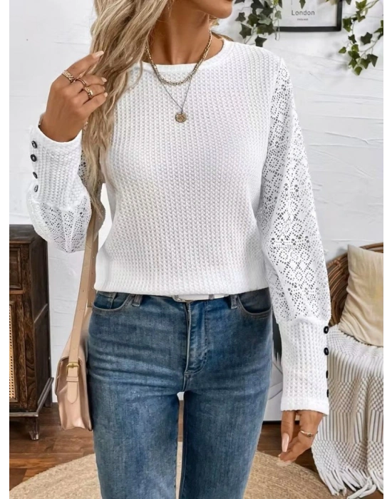 Kadın Uzun Kollu Bisiklet Yaka Kolları Tüllü Waffle Bluz