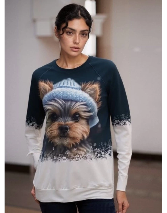 Kadın Uzun Kollu Bisiklet Yaka Köpek Baskılı şardonlu Dalgıç Bluz