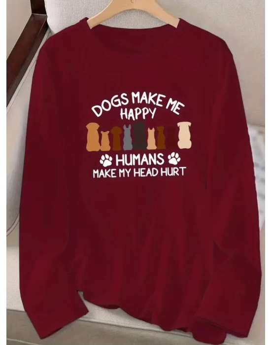 Kadın Uzun Kollu Bisiklet Yaka Köpek Resimli Viskon Bluz