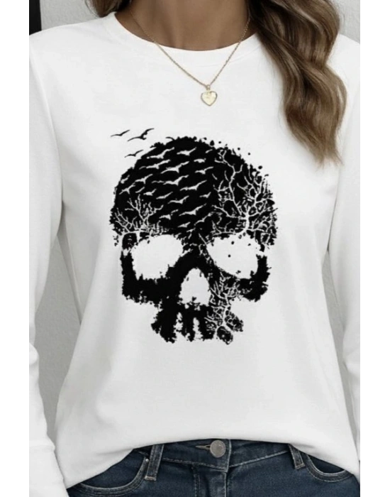 Kadın Uzun Kollu Bisiklet Yaka Kurukafa Desenli Viskon Bluz