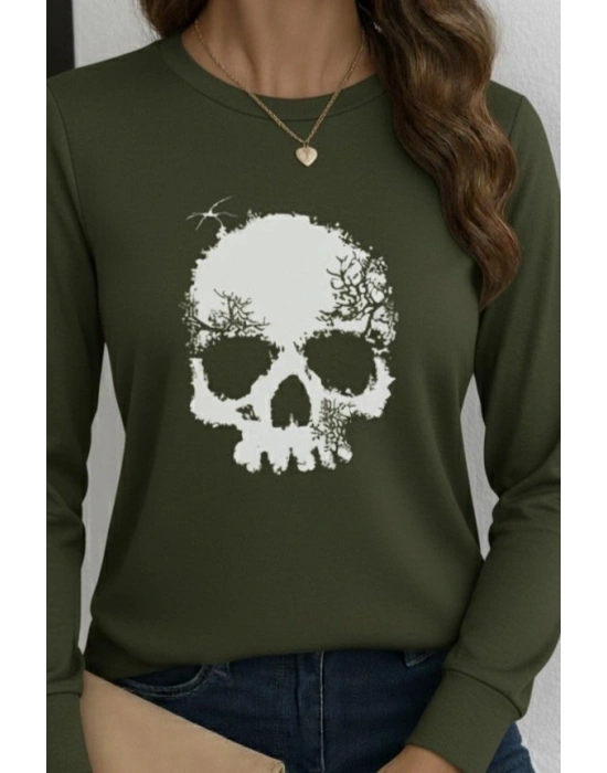 Kadın Uzun Kollu Bisiklet Yaka Kurukafa Desenli Viskon Bluz