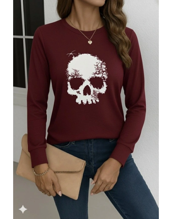 Kadın Uzun Kollu Bisiklet Yaka Kurukafa Desenli Viskon Bluz