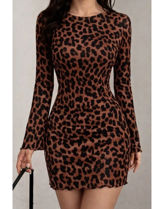 Kadın Uzun Kollu Bisiklet Yaka Leopar Desenli Dalgıç Mini Elbise