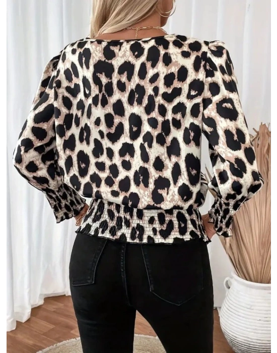 Kadın Uzun Kollu Bisiklet Yaka Leopar Desenli Modal Bluz