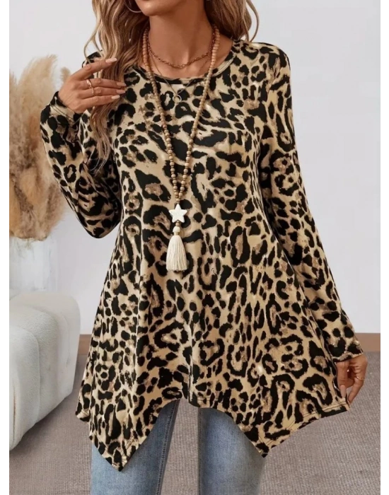 Kadın Uzun Kollu Bisiklet Yaka Leopar Desenli Süprem Bluz