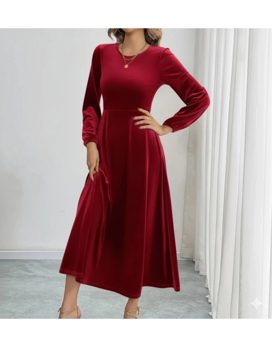 Kadın Uzun Kollu Bisiklet Yaka Midi Kadife Elbise