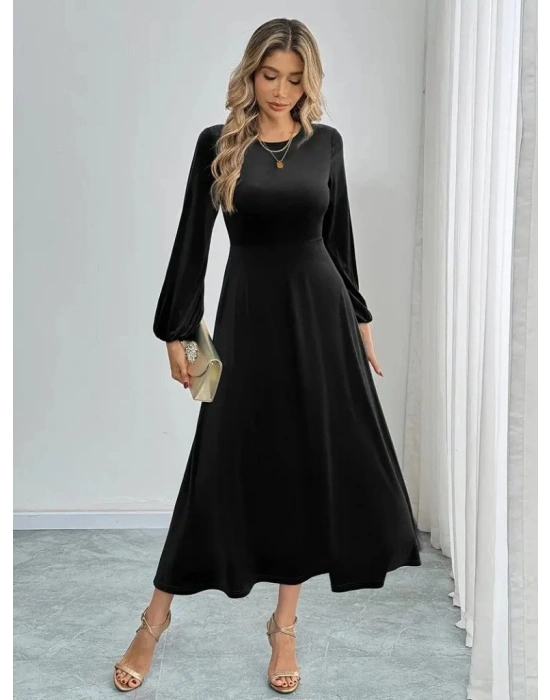 Kadın Uzun Kollu Bisiklet Yaka Midi Kadife Elbise