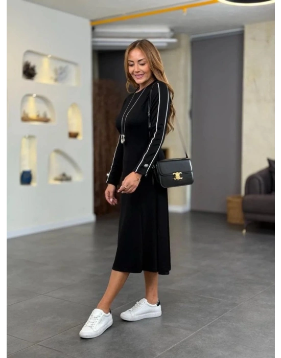 Kadın Uzun Kollu Bisiklet Yaka Midi Modal Elbise