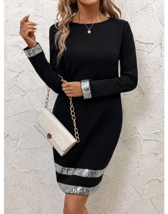 Kadın Uzun Kollu Bisiklet Yaka Mini Ithal Krep Elbise