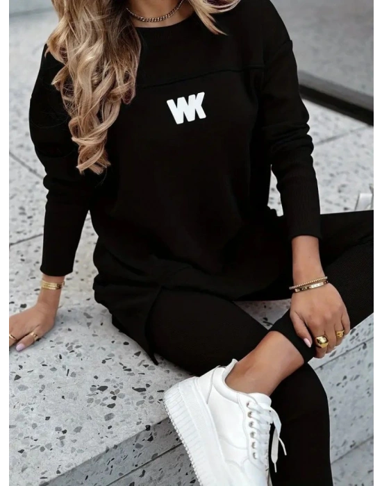 Kadın Uzun Kollu Bisiklet Yaka Nervurlu Viskon Iki Iplik Ve Tayt Pantolon Ikili Takım