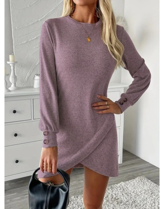 Kadın Uzun Kollu Bisiklet Yaka önden Asimetrik Kesim Detaylı Mini Yumoş Elbise