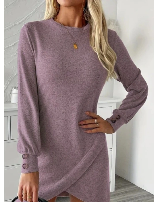 Kadın Uzun Kollu Bisiklet Yaka önden Asimetrik Kesim Detaylı Mini Yumoş Elbise