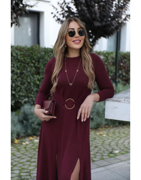 Kadın Uzun Kollu Bisiklet Yaka önden Halka Detaylı Yırtmaçlı Uzun Viskon Iki Iplik Elbise