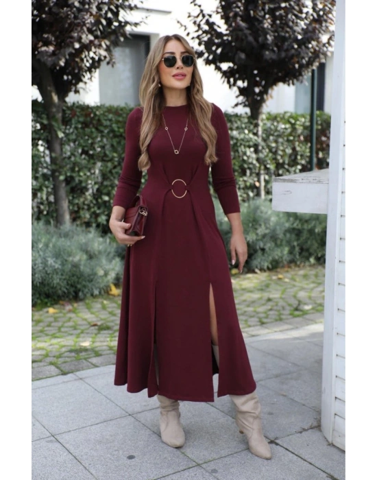 Kadın Uzun Kollu Bisiklet Yaka önden Halka Detaylı Yırtmaçlı Uzun Viskon Iki Iplik Elbise