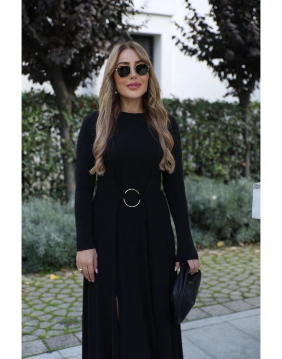 Kadın Uzun Kollu Bisiklet Yaka önden Halka Detaylı Yırtmaçlı Uzun Viskon Iki Iplik Elbise