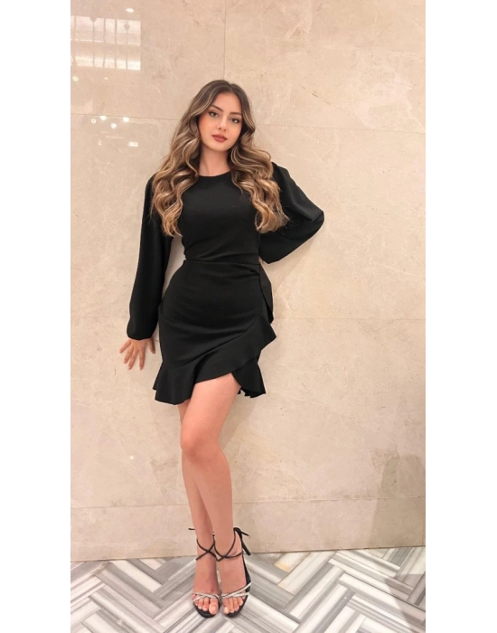 Kadın Uzun Kollu Bisiklet Yaka önden Volanlı Ithal Krep Elbise