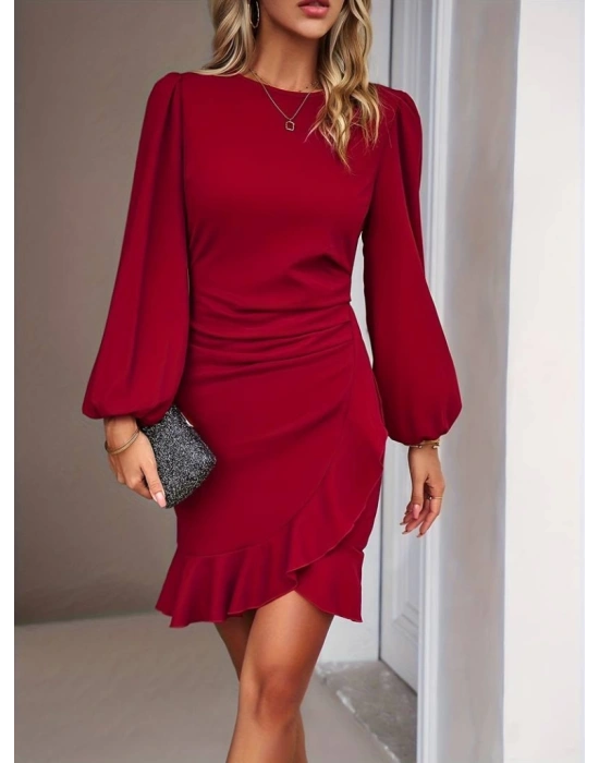 Kadın Uzun Kollu Bisiklet Yaka önden Volanlı Ithal Krep Elbise