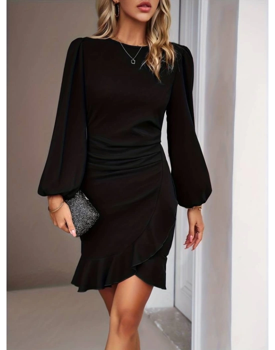 Kadın Uzun Kollu Bisiklet Yaka önden Volanlı Ithal Krep Elbise